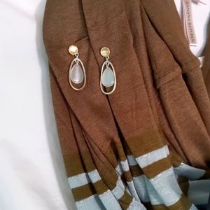 White Stone & Stainless Steel Oval Drop Earrings